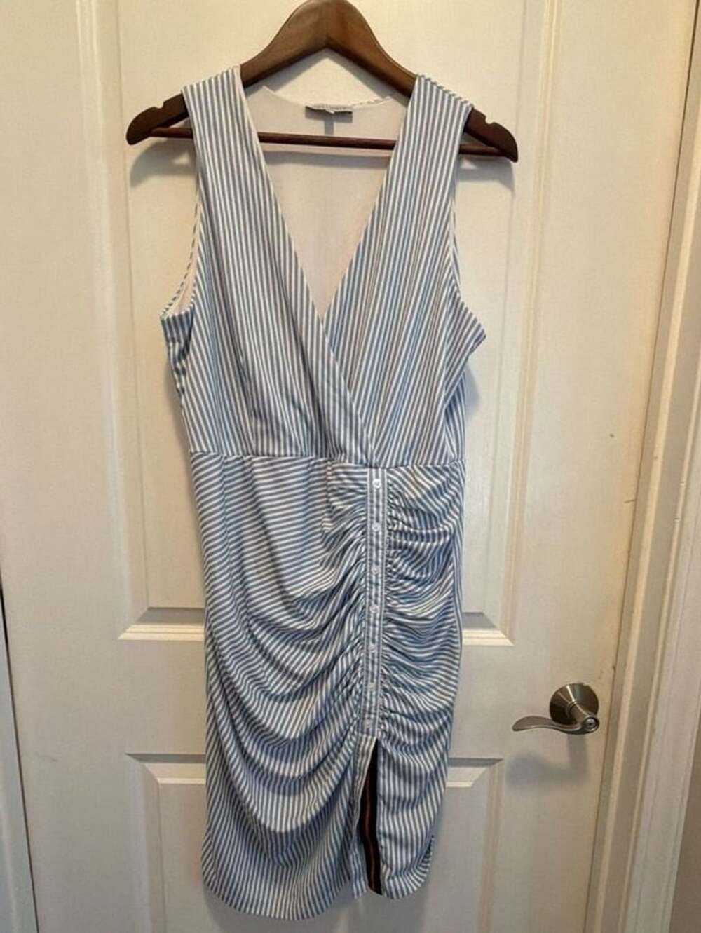 Anatomie Dress Size L Blue White Striped Ruched V-Neck